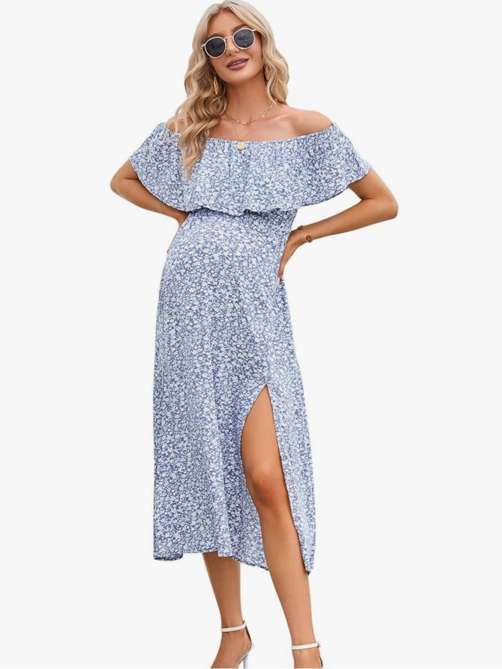 Off-Shoulder Light Blue Floral Midi Dress with Side Slit
